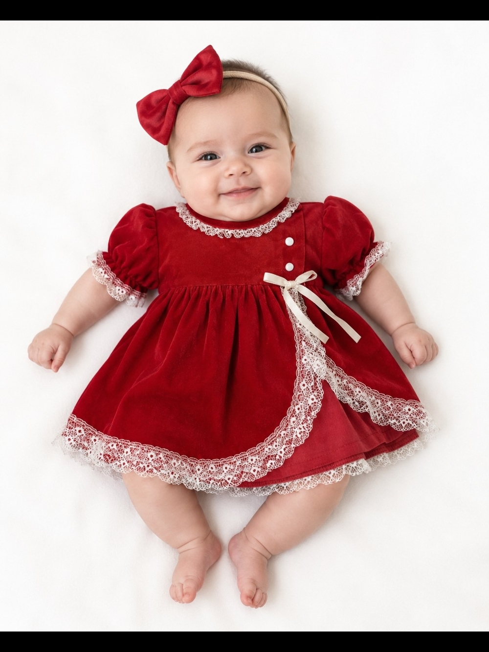 Vintage 80s 90s Cutest One Red Velvet Baby Dress Size S/9 Made in USA Lace Trim